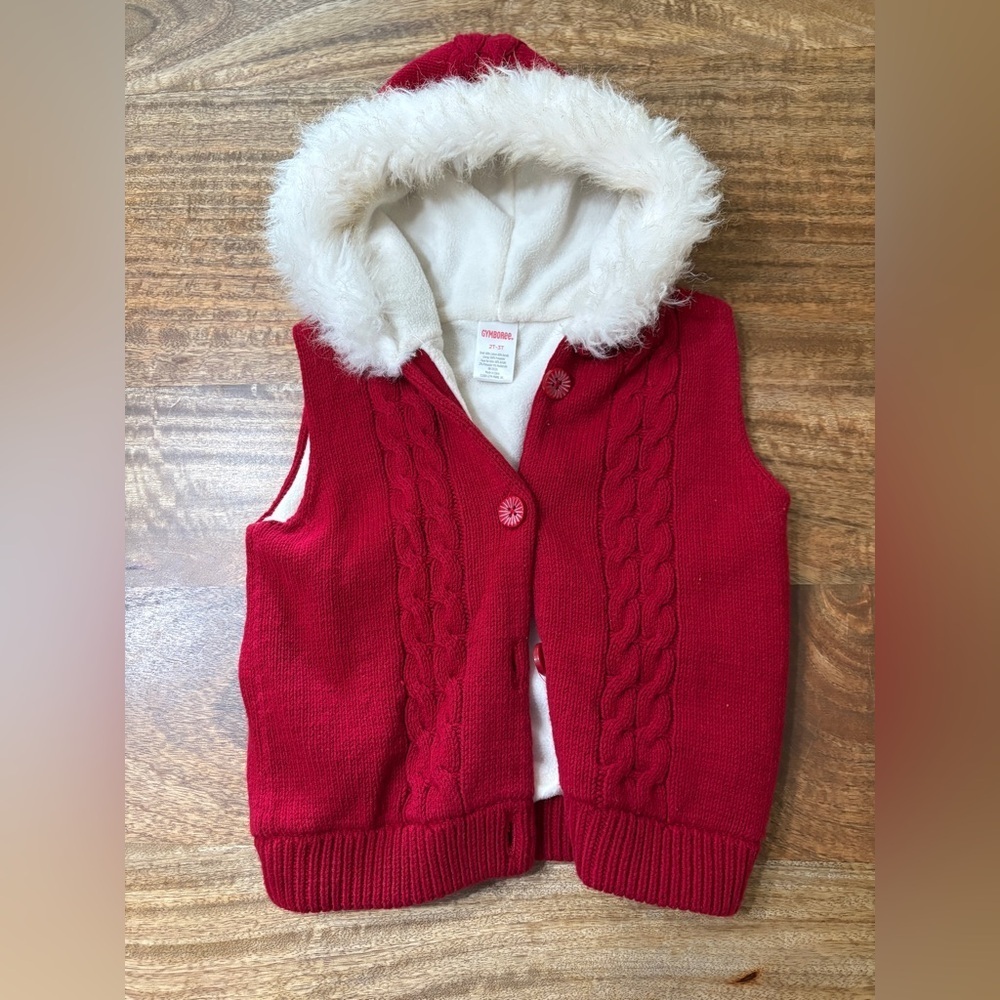 Gymboree Girls Alpine Sweetie Hooded Vest Faux Fur Lined Knit Red Size 2T-4T